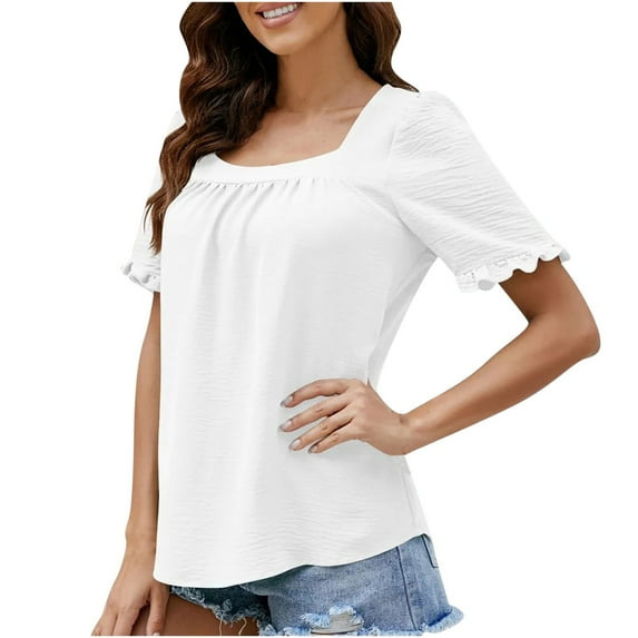 WREESH Womens Fashion T-Shirts Square-Neck Solid Color Summer Neck Short Sleeve Blouses Pullover White