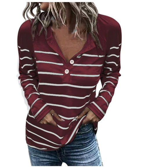 WREESH Womens Fashion T-Shirts Striped Loose Casual Long Sleeve Round-Neck Ladies Warmth Tops Blouse Pullover Red