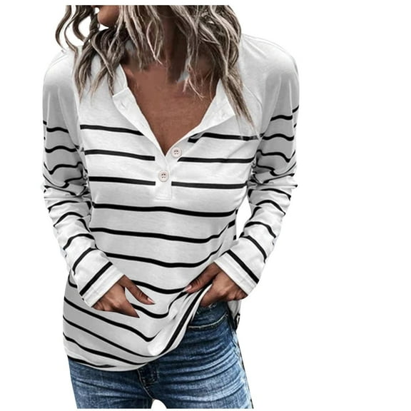 WREESH Womens Fashion T-Shirts Striped Loose Casual Long Sleeve Round-Neck Ladies Warmth Tops Blouse Pullover White