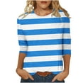 thumbnail image 1 of WREESH Womens Fashion T-Shirts Striped Printed T-Shirt 3/4 Sleeves Blouse Round Neck Casual Tops Pullover Blue, 1 of 5