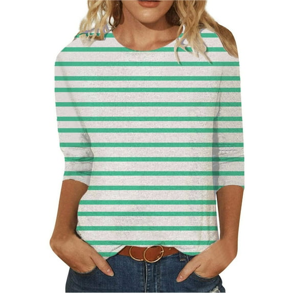 WREESH Womens Fashion T-Shirts Striped Printed T-Shirt Mid-Length 3/4 Sleeves Blouse Round Neck Casual Tops Pullover Green