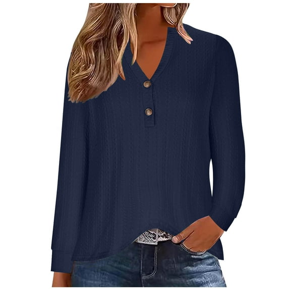 WREESH Womens Fashion T-Shirts V Neck Solid Color Pullover Regular Fit Button Henley Long Sleeve Tops Button Casual T-Shirt Top Blouse Navy