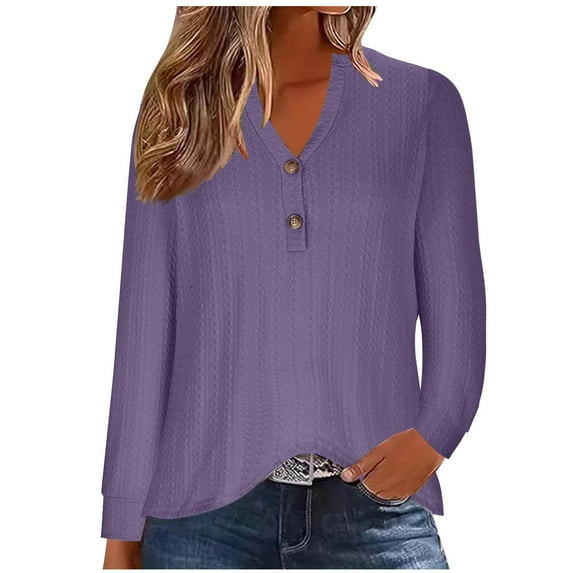 WREESH Womens Fashion T-Shirts V Neck Solid Color Pullover Regular Fit Button Henley Long Sleeve Tops Button Casual T-Shirt Top Blouse Purple
