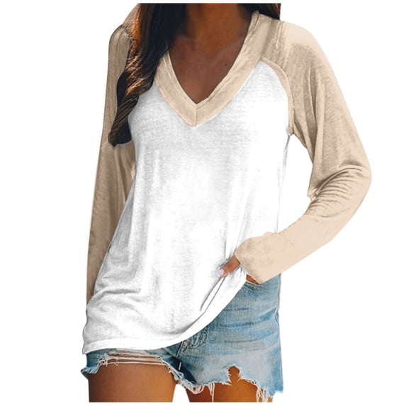WREESH Womens Fashion T-Shirts V Neck Solid Color Pullover Regular Fit Long Sleeve Tops Ladies Loose Tops Casual Patchwork T-Shirts Blouse Beige