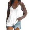 thumbnail image 1 of WREESH Womens Fashion T-Shirts V Neck Solid Color Pullover Regular Fit Long Sleeve Tops Ladies Loose Tops Casual Patchwork T-Shirts Blouse Coffee, 1 of 4