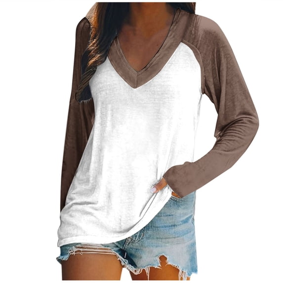 WREESH Womens Fashion T-Shirts V Neck Solid Color Pullover Regular Fit Long Sleeve Tops Ladies Loose Tops Casual Patchwork T-Shirts Blouse Coffee