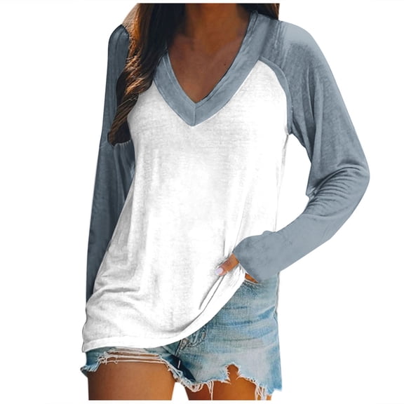 WREESH Womens Fashion T-Shirts V Neck Solid Color Pullover Regular Fit Long Sleeve Tops Ladies Loose Tops Casual Patchwork T-Shirts Blouse Light Blue