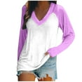 thumbnail image 1 of WREESH Womens Fashion T-Shirts V Neck Solid Color Pullover Regular Fit Long Sleeve Tops Ladies Loose Tops Casual Patchwork T-Shirts Blouse Purple, 1 of 4