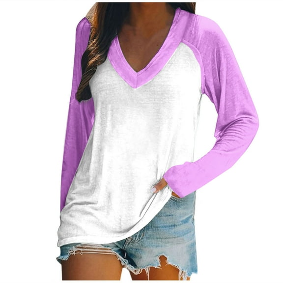 WREESH Womens Fashion T-Shirts V Neck Solid Color Pullover Regular Fit Long Sleeve Tops Ladies Loose Tops Casual Patchwork T-Shirts Blouse Purple