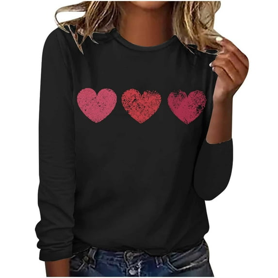 WREESH Womens Fashion T-Shirts Valentine's Day Casual Long Sleeve Heart Printing Round Neck Loose Blouse Tops Pullover Black