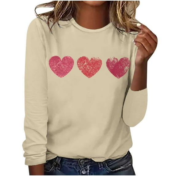 WREESH Womens Fashion T-Shirts Valentine's Day Casual Long Sleeve Heart Printing Round Neck Loose Blouse Tops Pullover Khaki