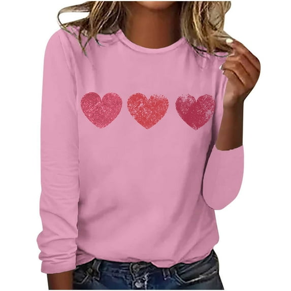 WREESH Womens Fashion T-Shirts Valentine's Day Casual Long Sleeve Heart Printing Round Neck Loose Blouse Tops Pullover Pink