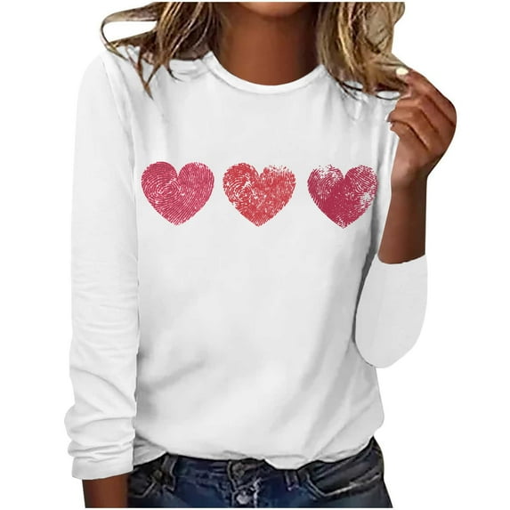 WREESH Womens Fashion T-Shirts Valentine's Day Casual Long Sleeve Heart Printing Round Neck Loose Blouse Tops Pullover White