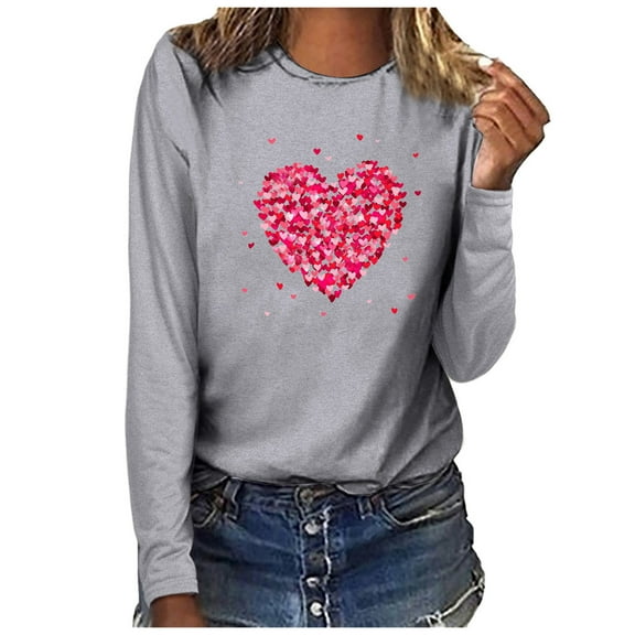 WREESH Womens Fashion T-Shirts Valentine's Day Heart Printed Love Heart Printed Long Sleeved Round Neck T-Shirt Top Pullover Gray
