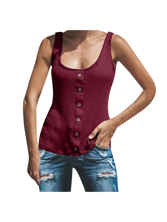 Womens Fashion Tank Tops Square-Neck Camisole Summer Sleeveless Vest Breastplate Knitted Fabric Solid Color Tops Pullover Wine