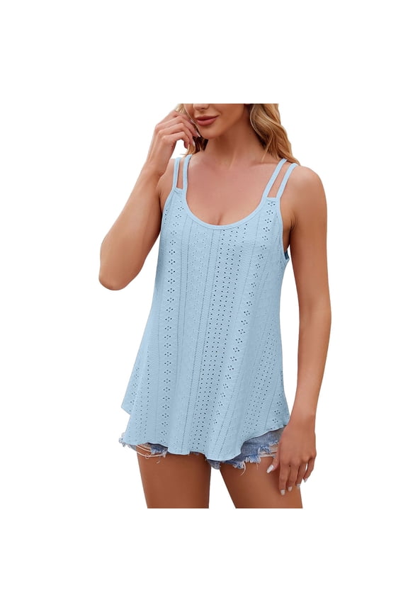 Womens Fashion Tank Tops Summer Eyelet Breathable Sleeveless Shirts Casual Loose Flowy Tunic Top Solid Scoop Neck Blouses Light Blue
