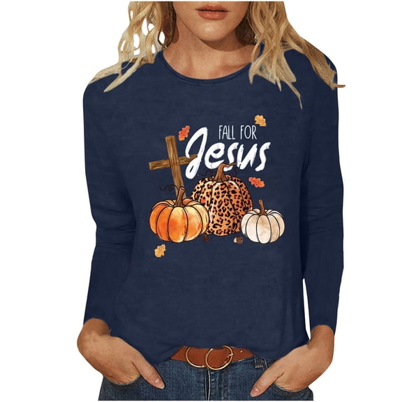 WREESH Womens Fashion Thanksgiving Shirts Pumpkin Graphic Printed Tees Blouses Casual Long Sleeve V Neck T Shirts Fall Tops 2025 Navy