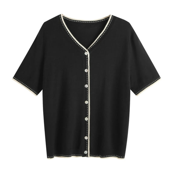 WREESH Womens Fashion Thin Knit Sweaters Solid Color Spring Summer English Style Tops V-Neck Ice Silk Shirt Casual Versatile Short Sleeved Cardigan Blouses Pullover Black