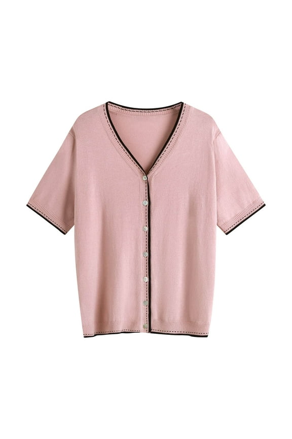 Womens Fashion Thin Knit Sweaters Solid Color Spring Summer English Style Tops V-Neck Ice Silk Shirt Casual Versatile Short Sleeved Cardigan Blouses Pullover Pink