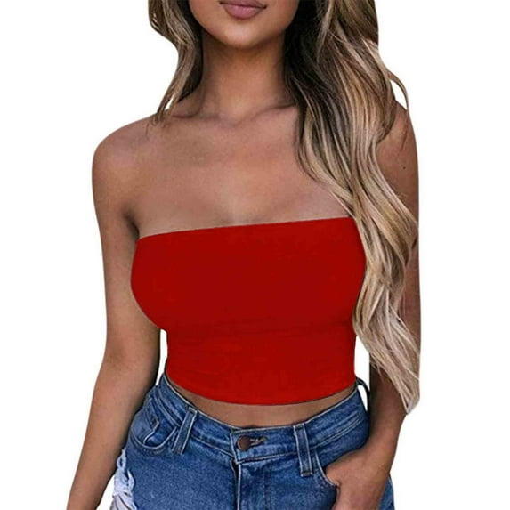 WREESH Womens Fashion Tube Tops Solid Color Sleeveless Bandeau Tops Strapless Crop Tops Red