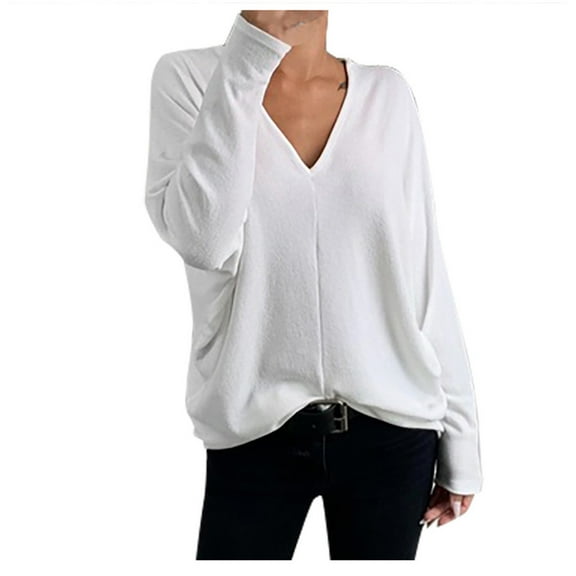 WREESH Womens Fashion Tunic Top Casual V Neck Solid Color Pullover Loose Fit Long Sleeve Tops Casual Pullover Top Base T-Shirt White