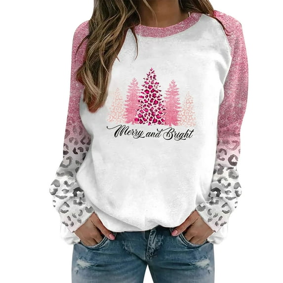 WREESH Womens Fashion Tunic Top Christmas Shirts Crewneck Print Pullover Regular Fit Raglan Long Sleeve Tops Christmas Blouse Casual Tunic Tops Pink