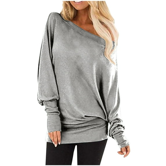 WREESH Womens Fashion Tunic Top Off The Shoulder Solid Color Pullover Plus Size Tops Off The Shoulder Long Sleeve Tops Summer Lace Patchwork Skew Collar T-Shirt Short Casual Blouse Gray