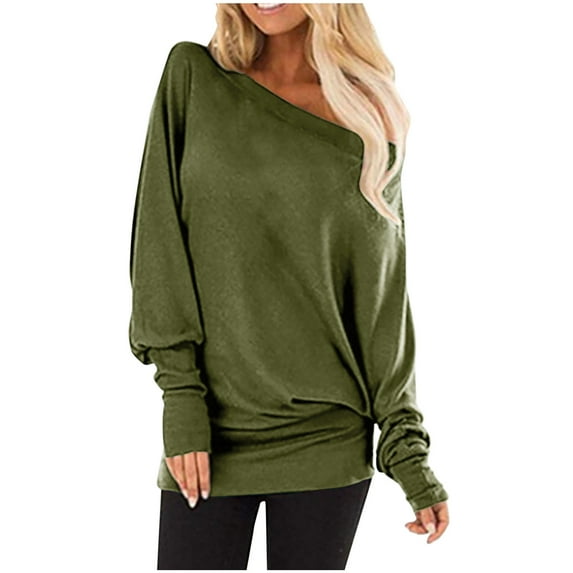 WREESH Womens Fashion Tunic Top Off The Shoulder Solid Color Pullover Plus Size Tops Off The Shoulder Long Sleeve Tops Summer Lace Patchwork Skew Collar T-Shirt Short Casual Blouse Olive Green