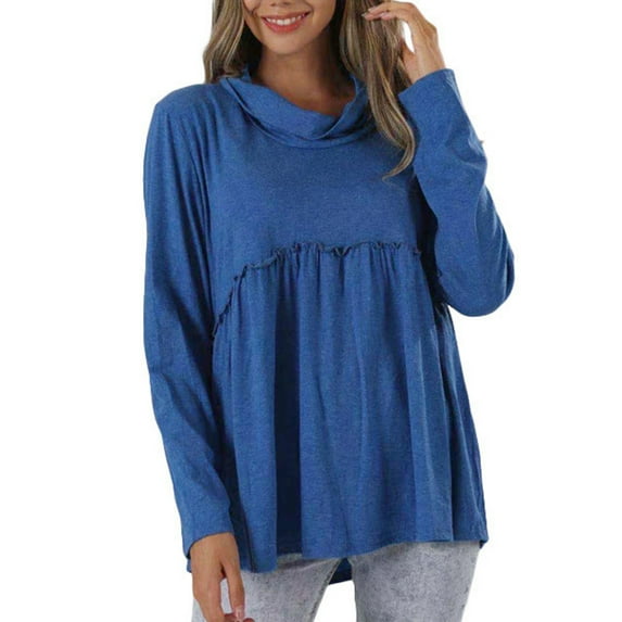 WREESH Womens Fashion Tunic Top Turtleneck Solid Color Pullover Regular Fit Long Sleeve Tops High Neck Top Blouse Blue