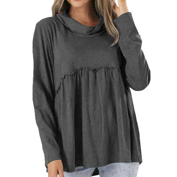 WREESH Womens Fashion Tunic Top Turtleneck Solid Color Pullover Regular Fit Long Sleeve Tops High Neck Top Blouse Dark Gray