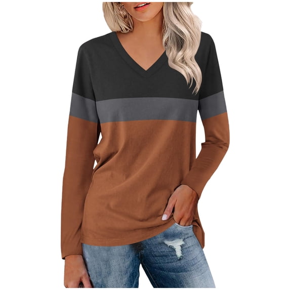 WREESH Womens Fashion Tunic Top V Neck Color Block Pullover Top Regular Fit Long Sleeve Tops Top Coffee