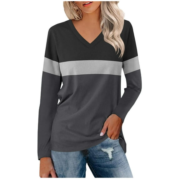 WREESH Womens Fashion Tunic Top V Neck Color Block Pullover Top Regular Fit Long Sleeve Tops Top Dark Gray