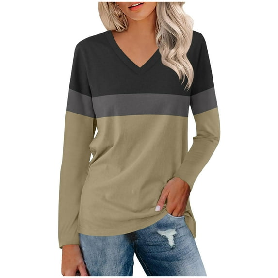 WREESH Womens Fashion Tunic Top V Neck Color Block Pullover Top Regular Fit Long Sleeve Tops Top Khaki
