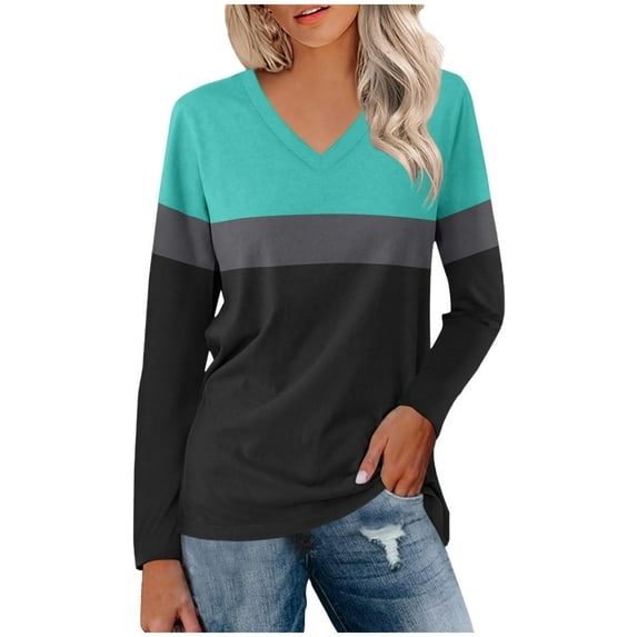 WREESH Womens Fashion Tunic Top V Neck Color Block Pullover Top Regular Fit Long Sleeve Tops Top Olive Green