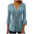 thumbnail image 1 of WREESH Womens Fashion Tunic Top V Neck Print Pullover Regular Fit 3/4 Length Sleeve Tops Christmas Pleated Top Blue, 1 of 5