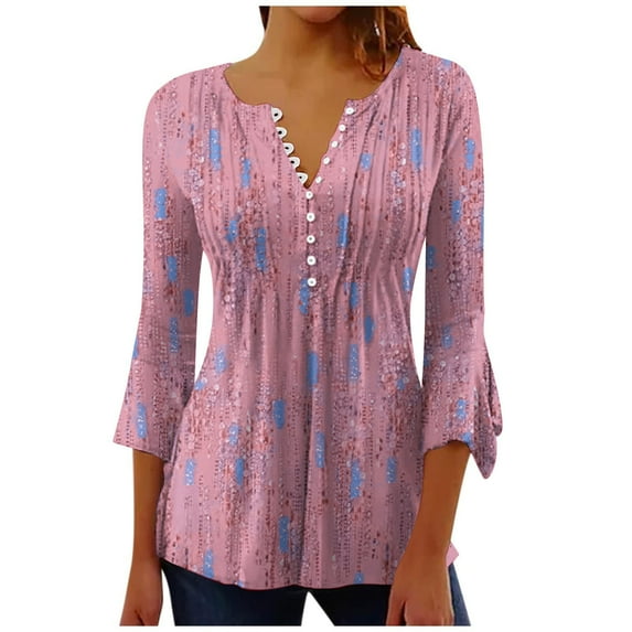 WREESH Womens Fashion Tunic Top V Neck Print Pullover Regular Fit 3/4 Length Sleeve Tops Christmas Pleated Top Pink