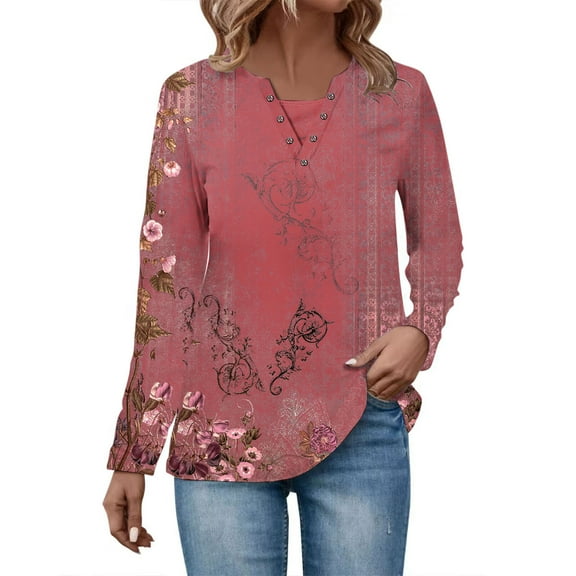 WREESH Womens Fashion Tunic Top V Neck Print Pullover Regular Fit Button Long Sleeve Tops Christmas Pleated Top Wine