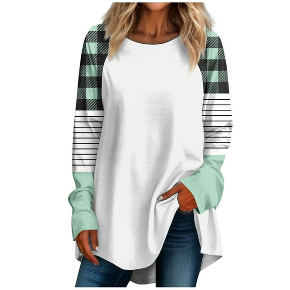 WREESH Womens Fashion Tunic Tops Casual Long Sleeve Printing Round Neck Loose T-Shirt Blouse Tops Pullover Green