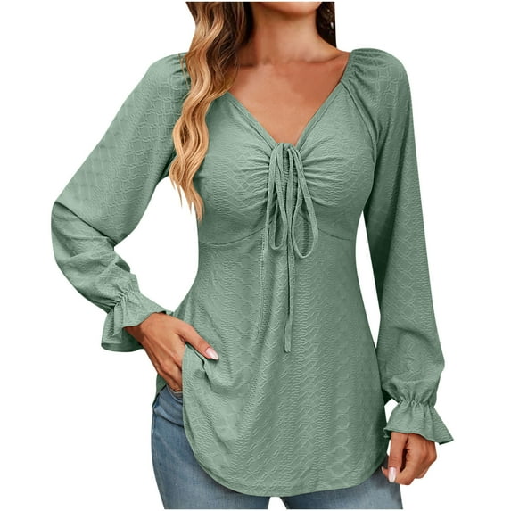 WREESH Womens Fashion Tunic Tops Jacquards Solid Color V Neck Pleated Long Sleeve Loose T-Shirt Pullover Green