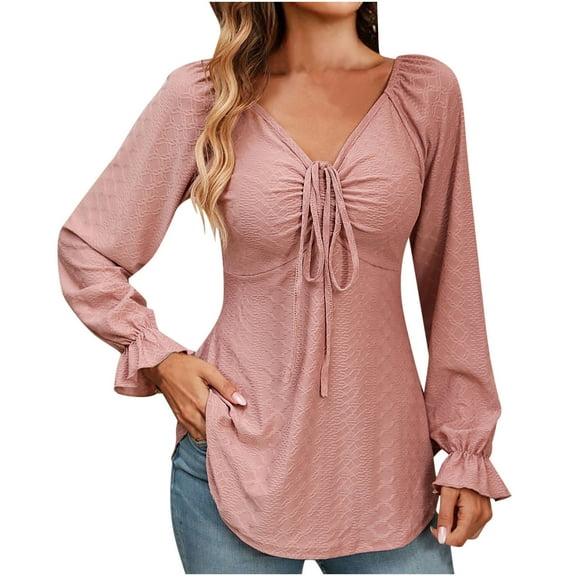 WREESH Womens Fashion Tunic Tops Jacquards Solid Color V Neck Pleated Long Sleeve Loose T-Shirt Pullover Pink