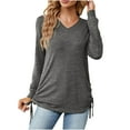 thumbnail image 1 of WREESH Womens Fashion Tunic Tops Loose Casual Solid Color Long Sleeve Elastic Pleated V-Neck Pullover Blouse Tops Dark Gray, 1 of 7