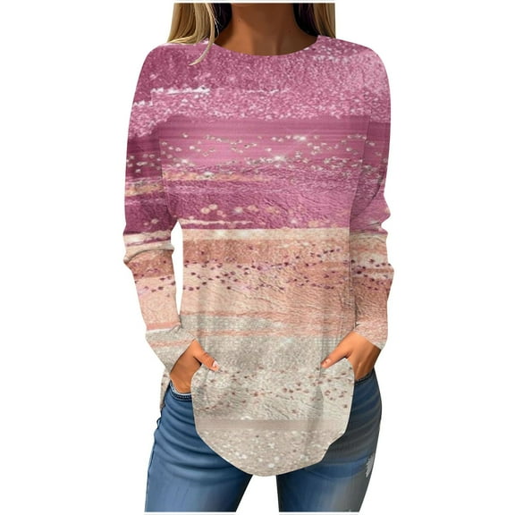 WREESH Womens Fashion Tunic Tops Loose Round Neck Printed Blouses Long Sleeve T-Shirts Tops Pullover Hot Pink