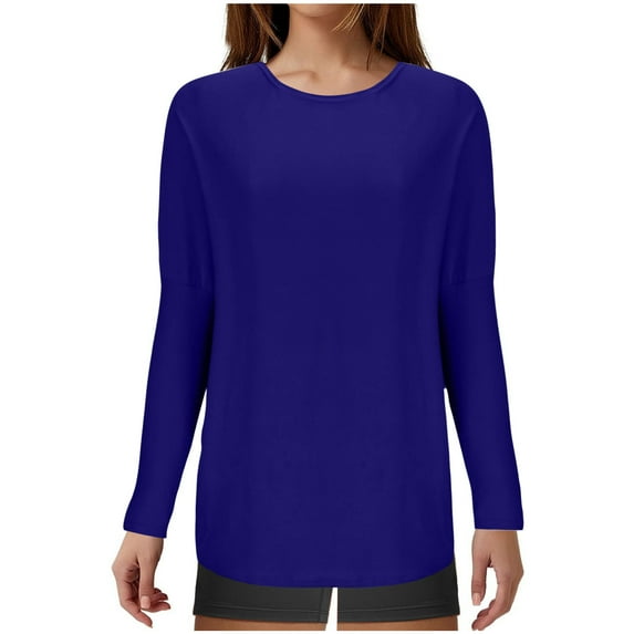 WREESH Womens Fashion Tunic Tops Loose Solid Color Handcuffed Long Sleeved Round Neck T-Shirt Pullover Blue