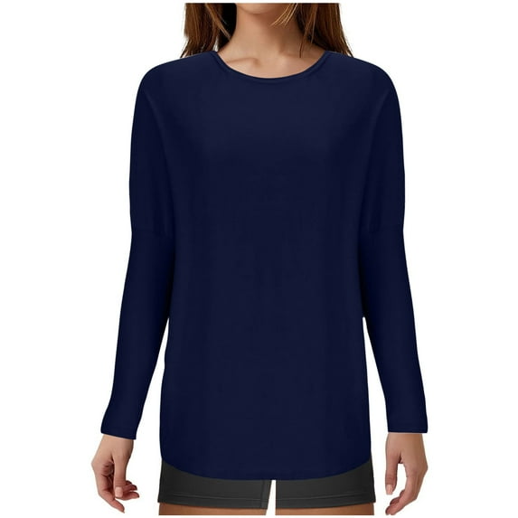 WREESH Womens Fashion Tunic Tops Loose Solid Color Handcuffed Long Sleeved Round Neck T-Shirt Pullover Dark Blue
