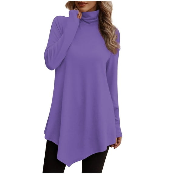 WREESH Womens Fashion Tunic Tops Loose Temperament Solid Color Long Sleeved Round Neck Irregular Hem Long Sleeved T-Shirt Pullover Purple