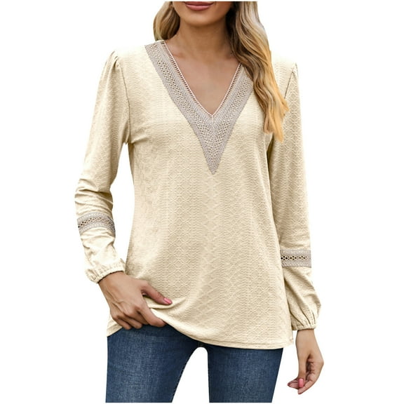 WREESH Womens Fashion Tunic Tops Solid Color Jacquards V-Neck Long Sleeve Loose T-Shirt Pullover Khaki