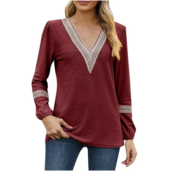 WREESH Womens Fashion Tunic Tops Solid Color Jacquards V-Neck Long Sleeve Loose T-Shirt Pullover Wine