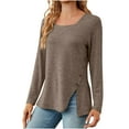 thumbnail image 1 of WREESH Womens Fashion Tunic Tops Solid Color Side Button Split Hem Square-Neck Side Button Lace Long Sleeve Loose T-Shirt Pullover Coffee, 1 of 4