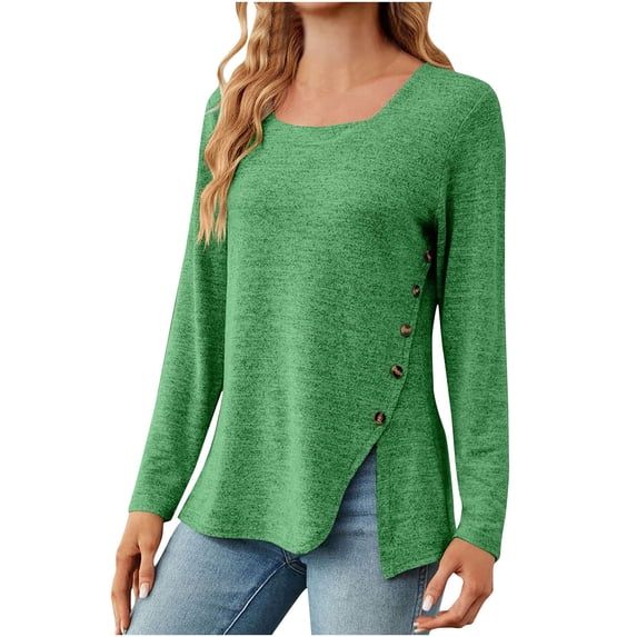 WREESH Womens Fashion Tunic Tops Solid Color Side Button Split Hem Square-Neck Side Button Lace Long Sleeve Loose T-Shirt Pullover Green