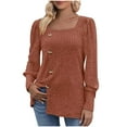 thumbnail image 1 of WREESH Womens Fashion Tunic Tops Square-Neck Knitted Pit Strips Side Button Long Sleeve Loose Solid Color Blouse Pullover Coffee, 1 of 5